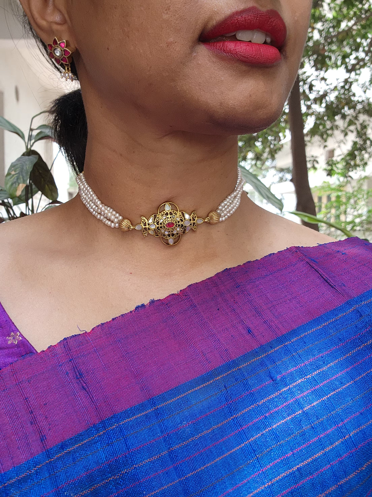 Gold polish mother of pearl pendant choker with pearls chain-Silver Neckpiece-CI-House of Taamara