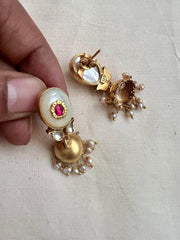 Gold polish mother of pearl with kundan inlay work jhumkas-Earrings-CI-House of Taamara