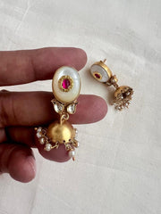 Gold polish mother of pearl with kundan inlay work jhumkas-Earrings-CI-House of Taamara