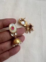 Gold polish mother of pearl with kundan inlay work jhumkas-Earrings-CI-House of Taamara