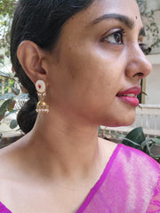 Gold polish mother of pearl with kundan inlay work jhumkas-Earrings-CI-House of Taamara