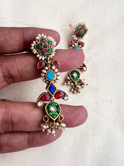 Gold polish multi colour stone earrings with pearls-Earrings-CI-House of Taamara
