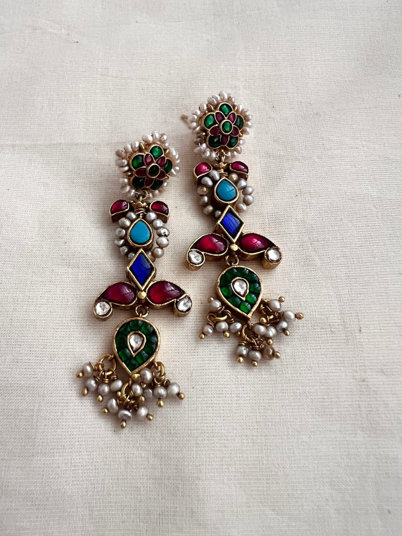 Gold polish multi colour stone earrings with pearls-Earrings-CI-House of Taamara