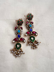 Gold polish multi colour stone earrings with pearls-Earrings-CI-House of Taamara