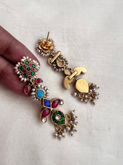 Gold polish multi colour stone earrings with pearls-Earrings-CI-House of Taamara