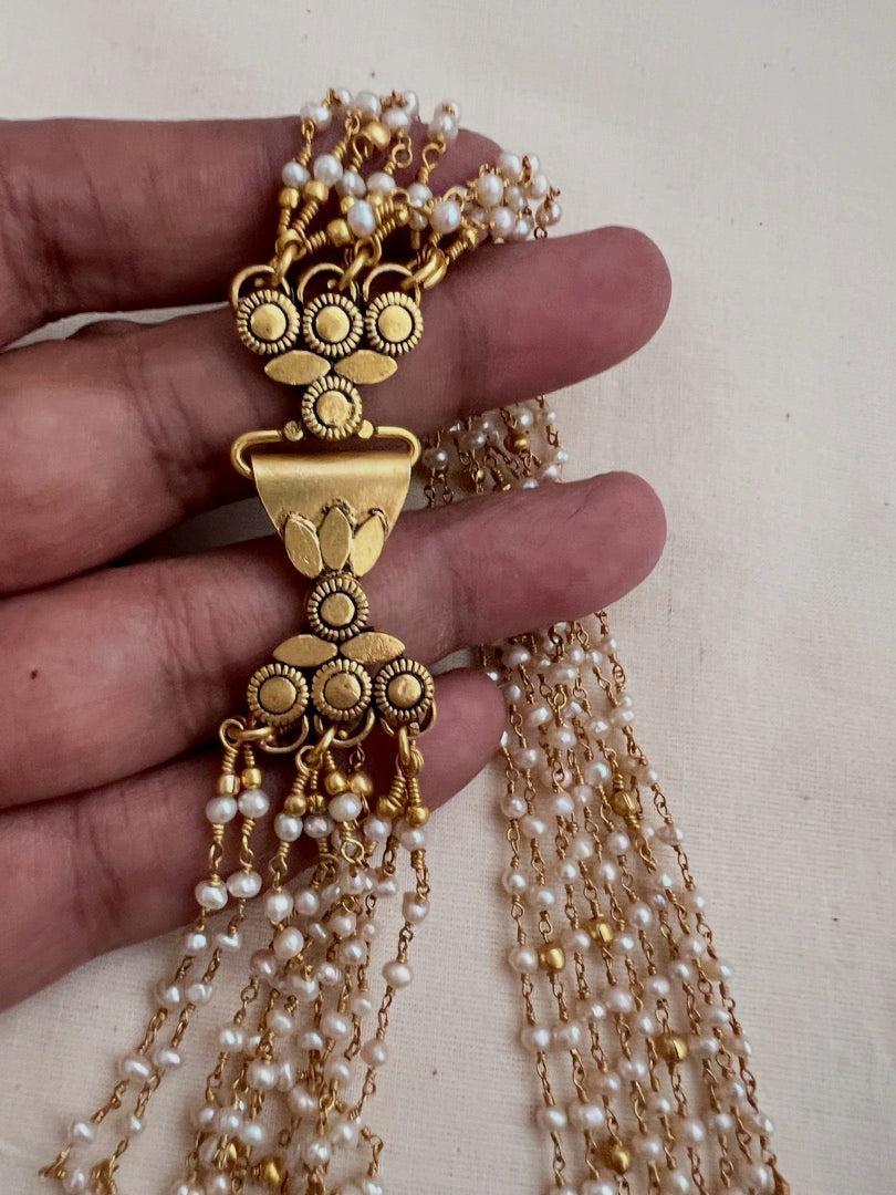 Gold polish multi layer pearls bunch chain-Silver Neckpiece-CI-House of Taamara