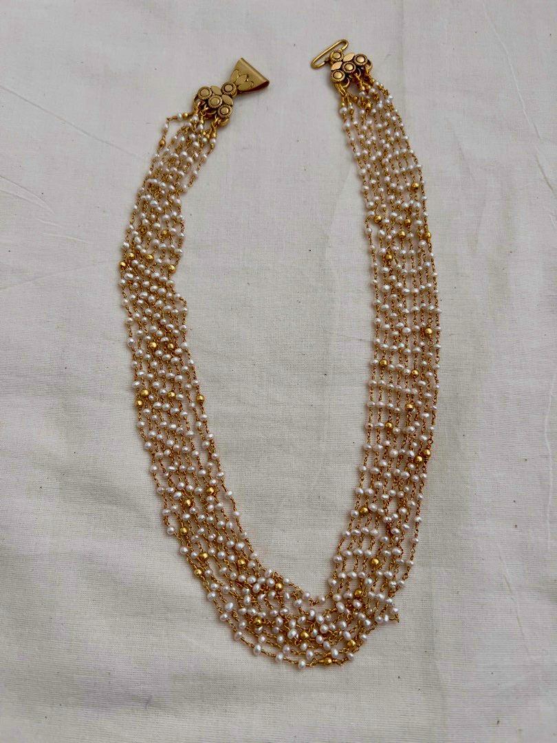 Gold polish multi layer pearls bunch chain-Silver Neckpiece-CI-House of Taamara