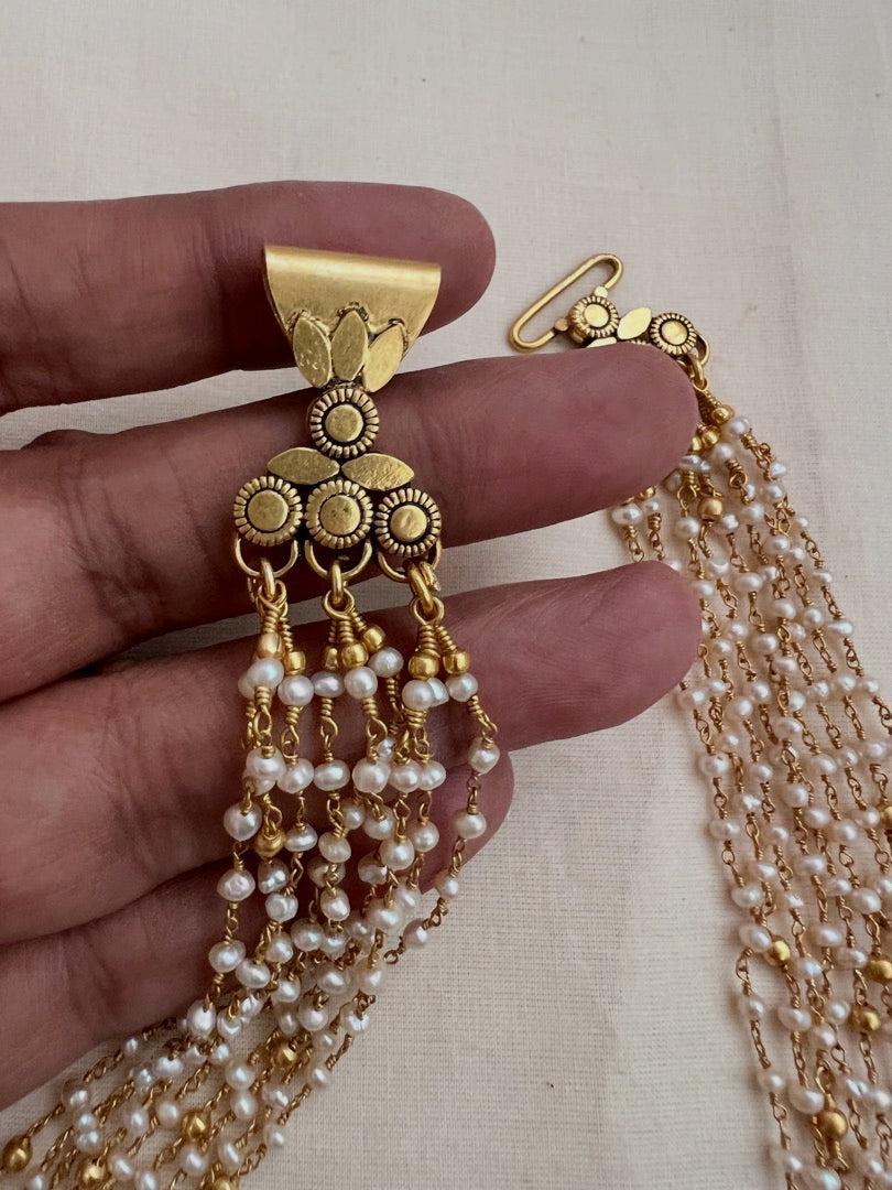 Gold polish multi layer pearls bunch chain-Silver Neckpiece-CI-House of Taamara