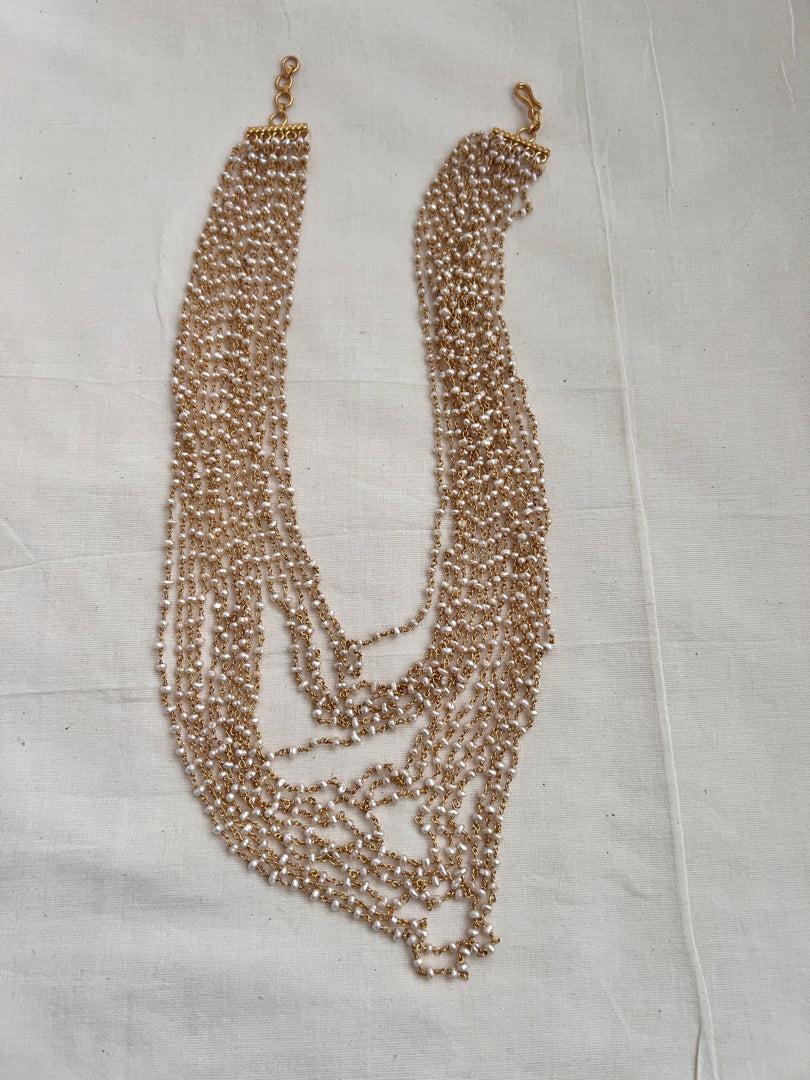 Gold polish multi layer pearls chain-Silver Neckpiece-CI-House of Taamara