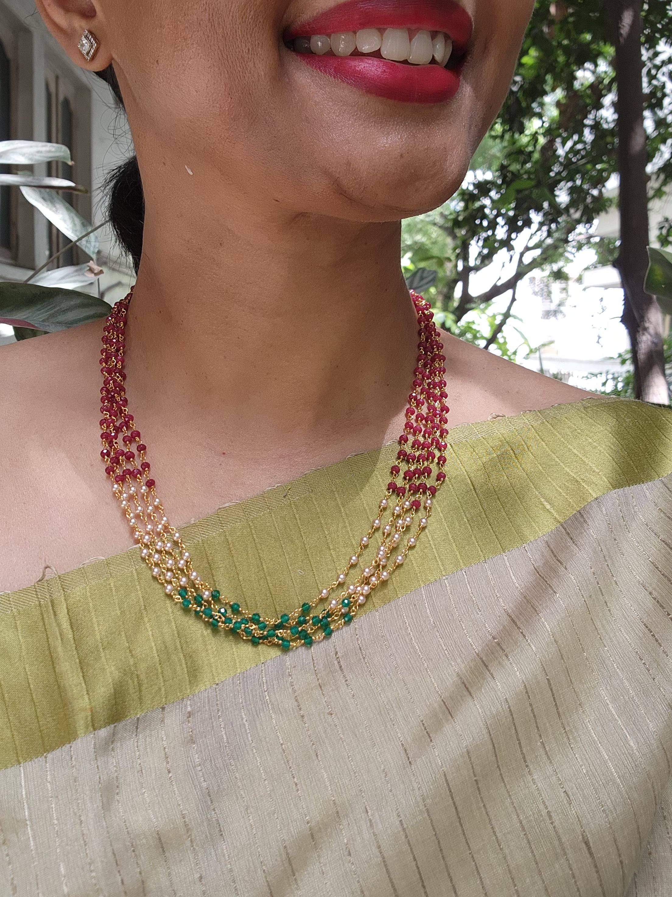 Gold polish multi layer ruby, pearls & green onyx beads chain-Silver Neckpiece-CI-House of Taamara