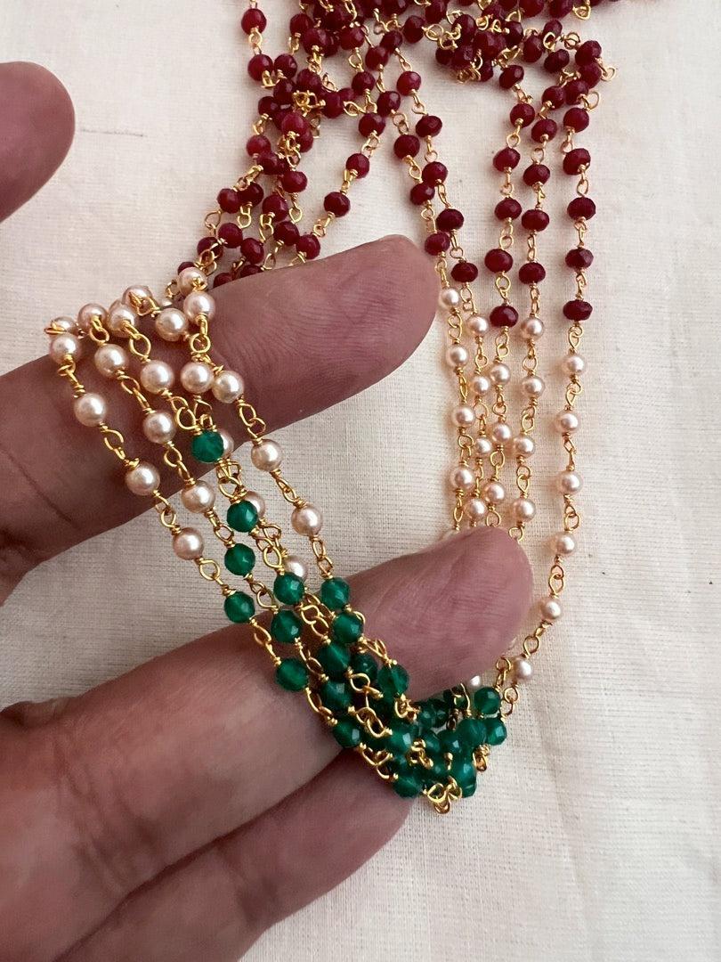 Gold polish multi layer ruby, pearls & green onyx beads chain-Silver Neckpiece-CI-House of Taamara