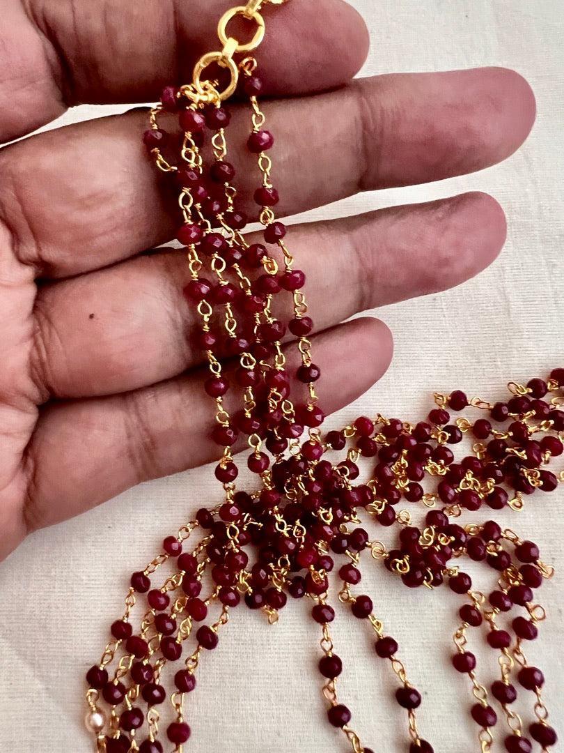 Gold polish multi layer ruby, pearls & green onyx beads chain-Silver Neckpiece-CI-House of Taamara