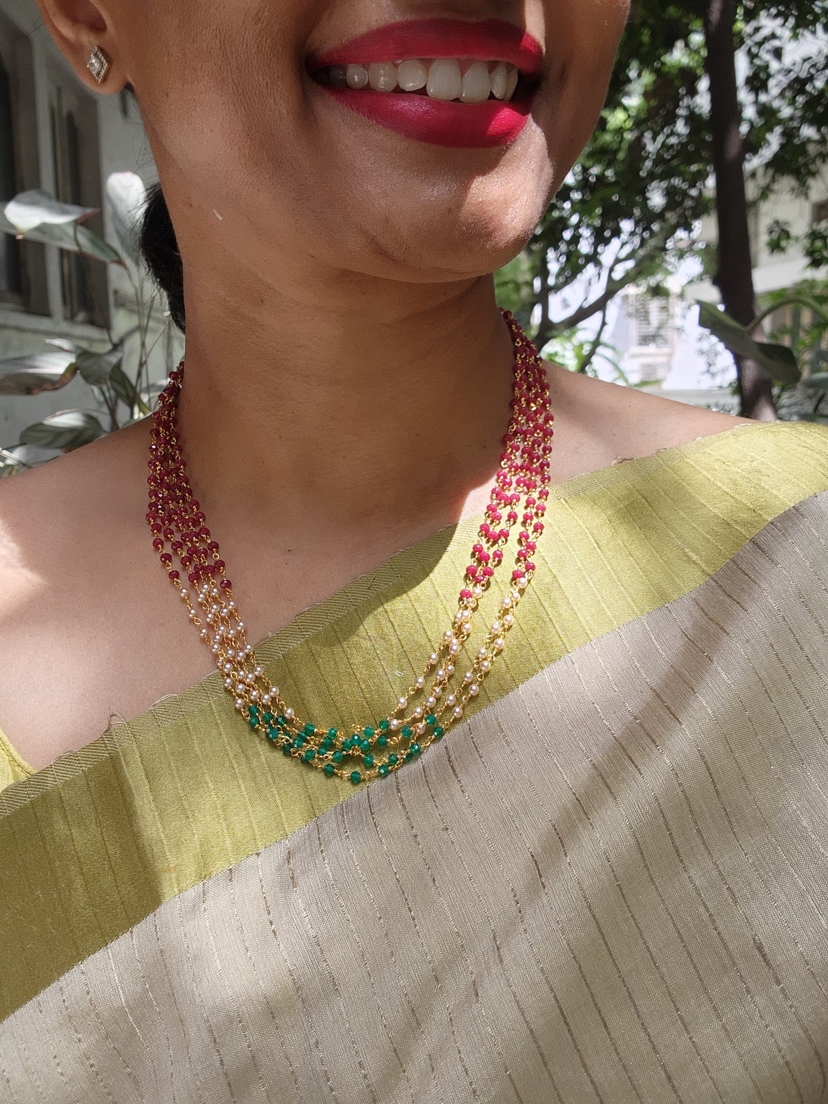 Gold polish multi layer ruby, pearls & green onyx beads chain-Silver Neckpiece-CI-House of Taamara