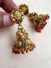 Gold polish nakash work jhumkas with coral beads-Earrings-CI-House of Taamara