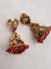 Gold polish nakash work jhumkas with coral beads-Earrings-CI-House of Taamara