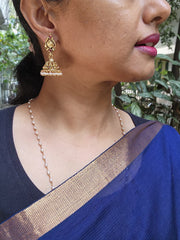 Gold polish nakash work jhumkas with pearls-Earrings-CI-House of Taamara