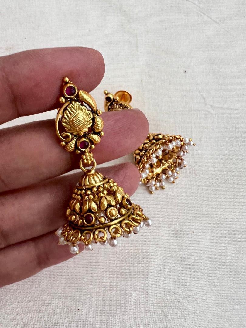 Gold polish nakash work jhumkas with pearls-Earrings-CI-House of Taamara