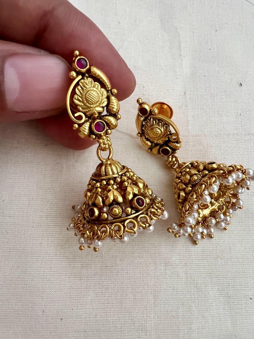 Gold polish nakash work jhumkas with pearls-Earrings-CI-House of Taamara
