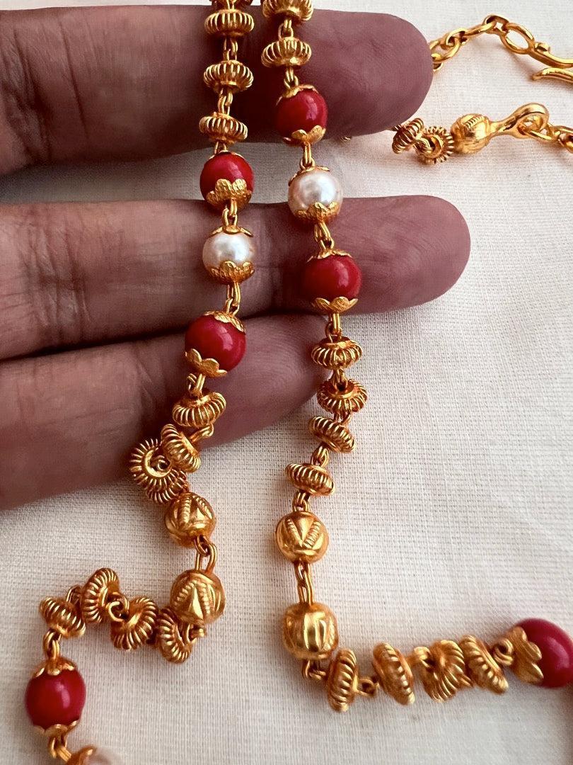 Gold polish nakshi beads with coral and pearl bead chain-Silver Neckpiece-CI-House of Taamara