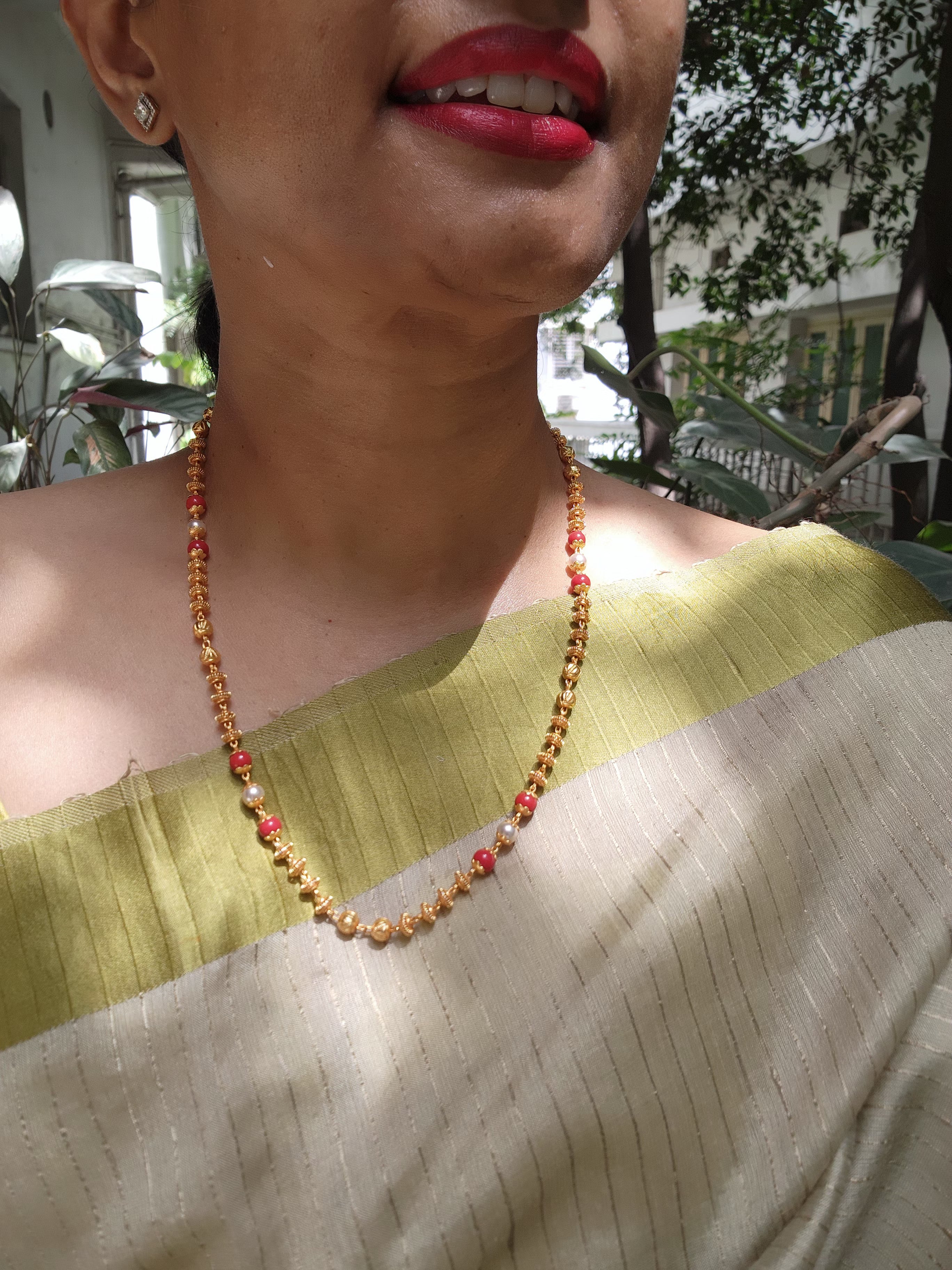 Gold polish nakshi beads with coral and pearl bead chain-Silver Neckpiece-CI-House of Taamara