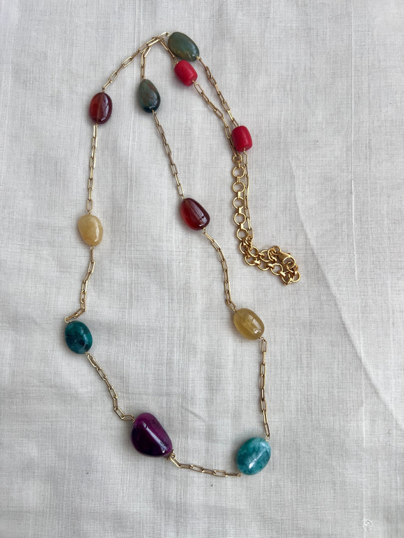 Gold polish natural navrathana beads chain-Silver Neckpiece-CI-House of Taamara