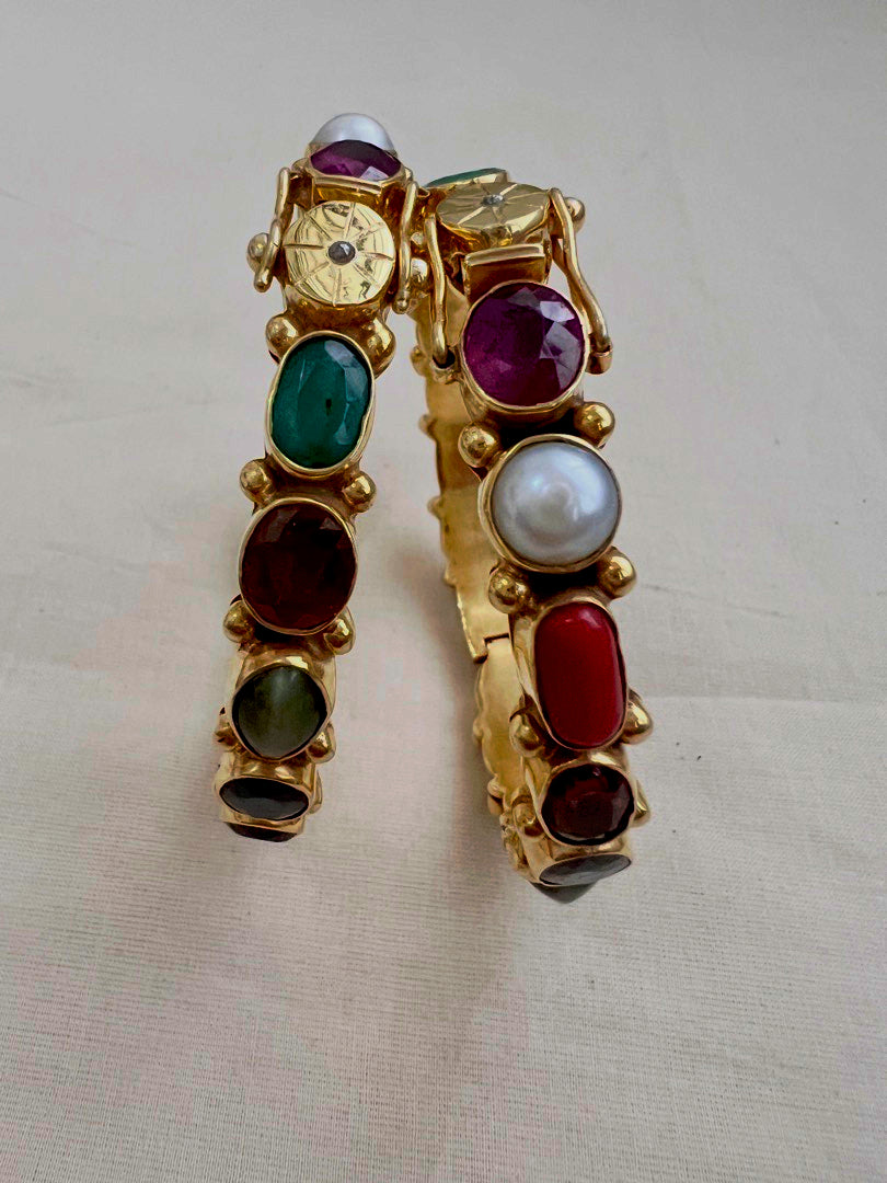 Gold polish natural navrathana stone bangles, PAIR-Silver Bracelet-CI-House of Taamara