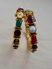 Gold polish natural navrathana stone bangles, PAIR-Silver Bracelet-CI-House of Taamara
