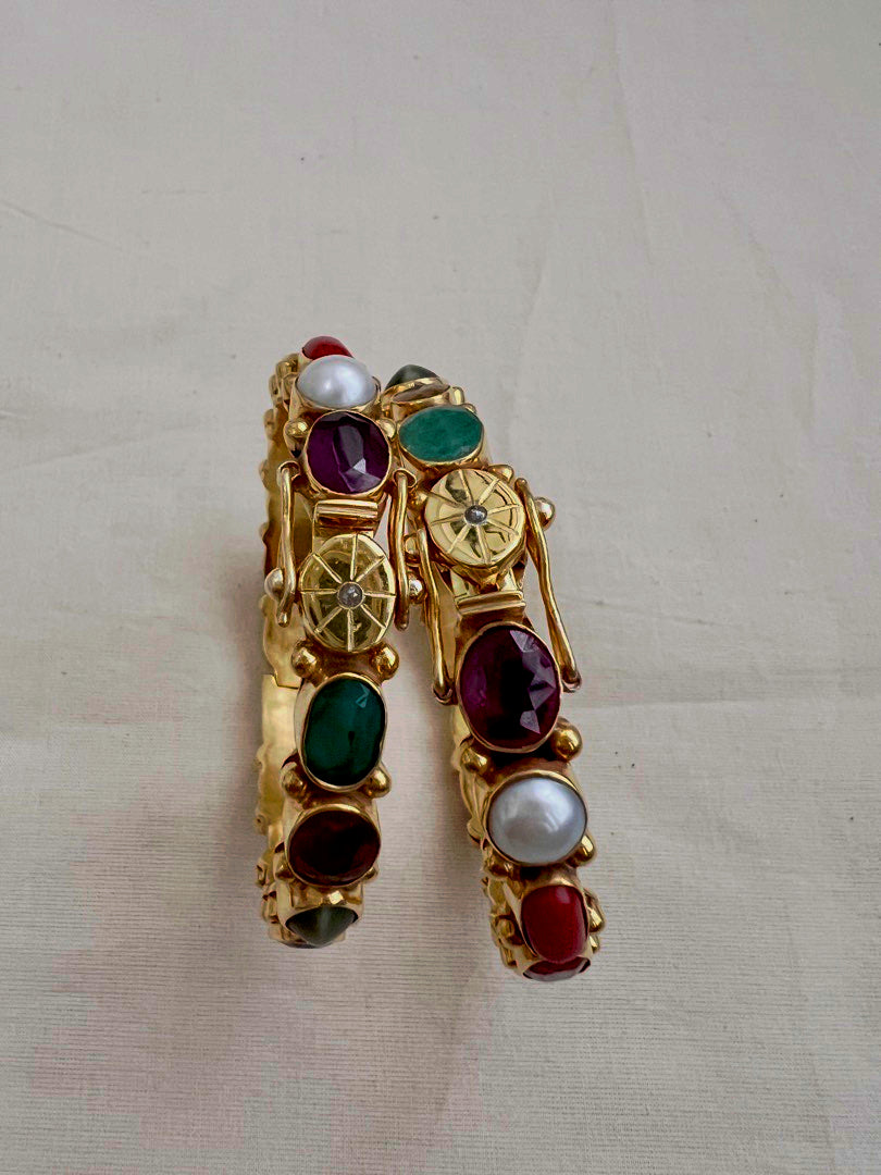 Gold polish natural navrathana stone bangles, PAIR-Silver Bracelet-CI-House of Taamara