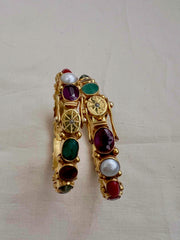 Gold polish natural navrathana stone bangles, PAIR-Silver Bracelet-CI-House of Taamara