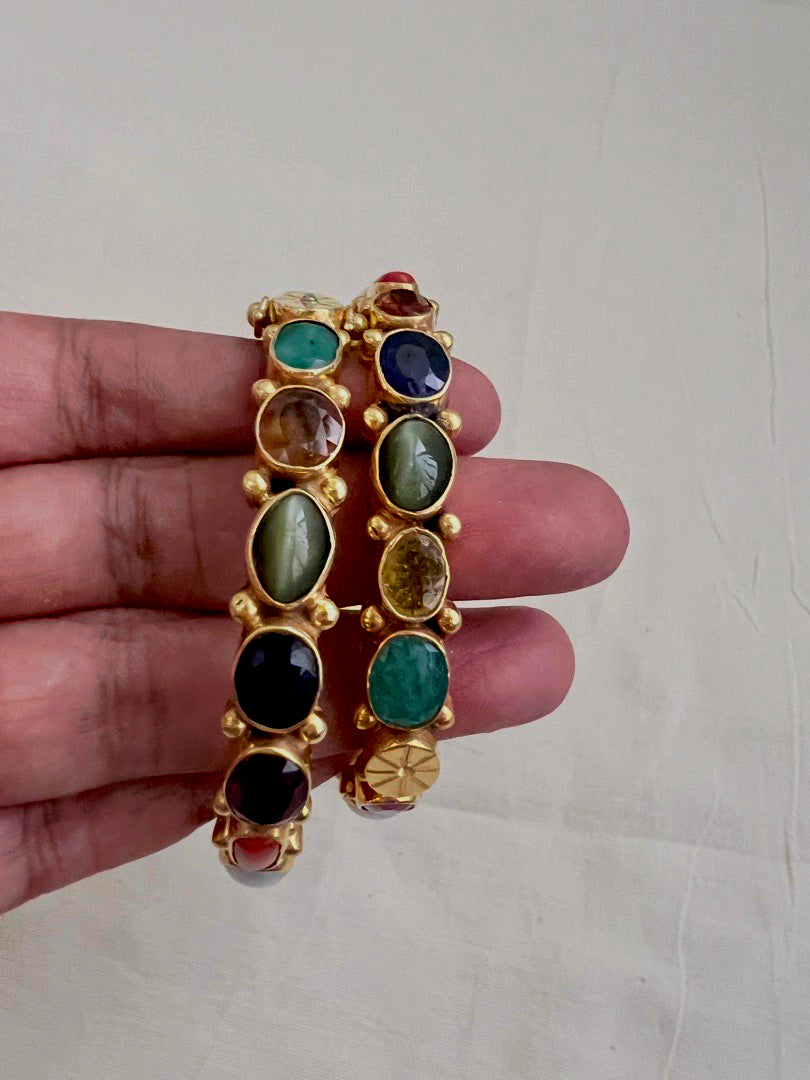 Gold polish natural navrathana stone bangles, PAIR-Silver Bracelet-CI-House of Taamara