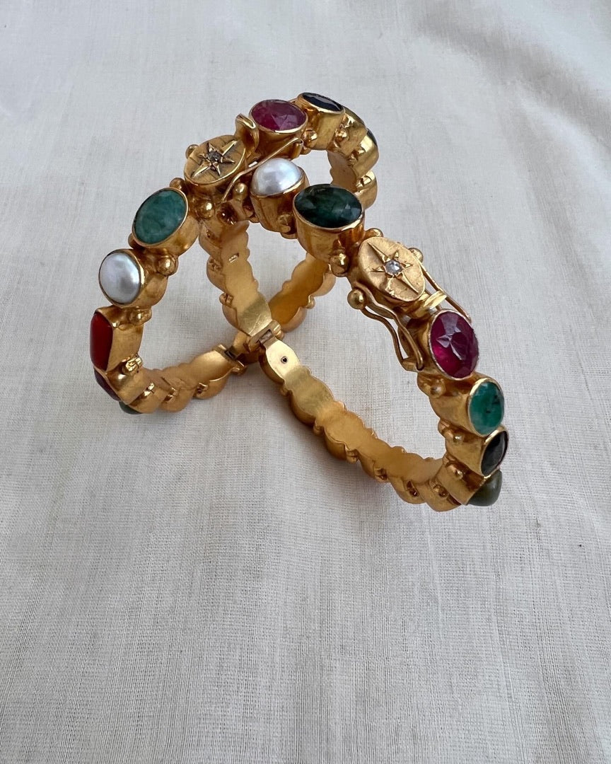 Gold polish natural navrathana stone bangles, PAIR-Silver Bracelet-CI-House of Taamara