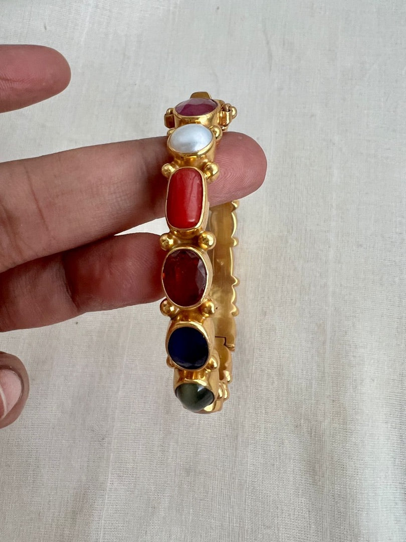 Gold polish natural navrathana stone bangles, PAIR-Silver Bracelet-CI-House of Taamara