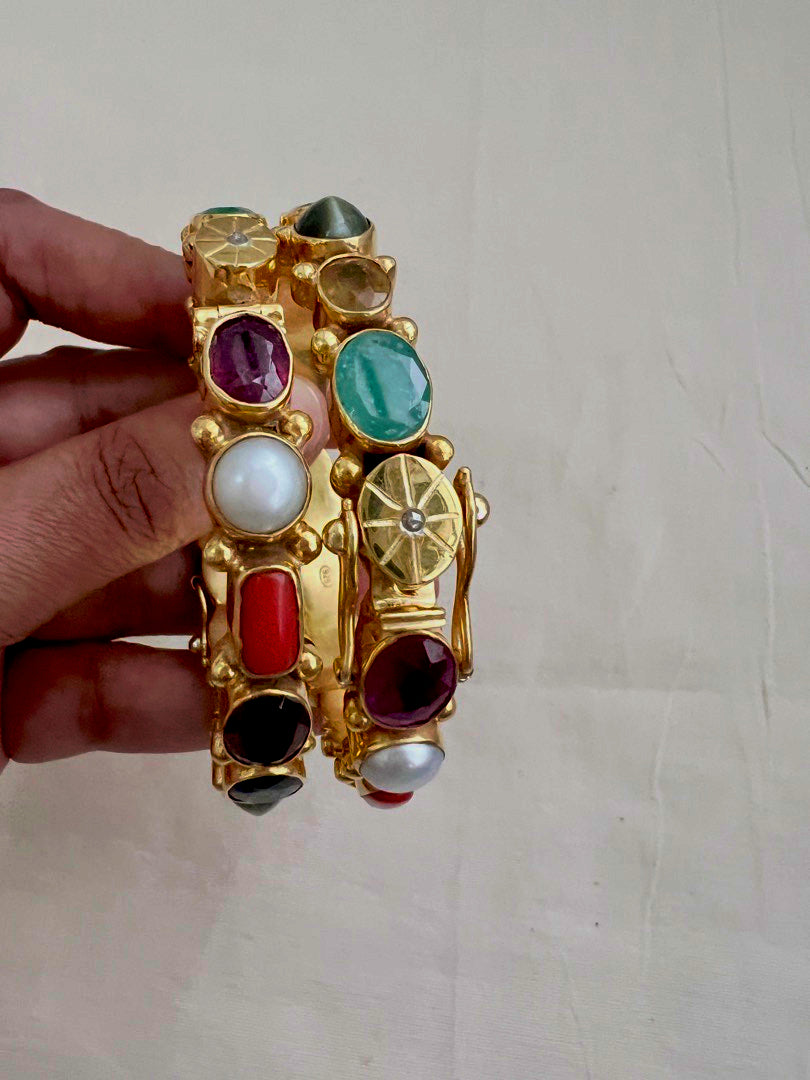 Gold polish natural navrathana stone bangles, PAIR-Silver Bracelet-CI-House of Taamara