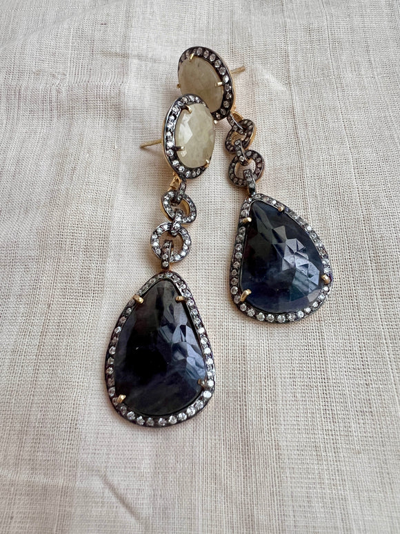 Gold polish natural sapphire stone earrings-Earrings-CI-House of Taamara