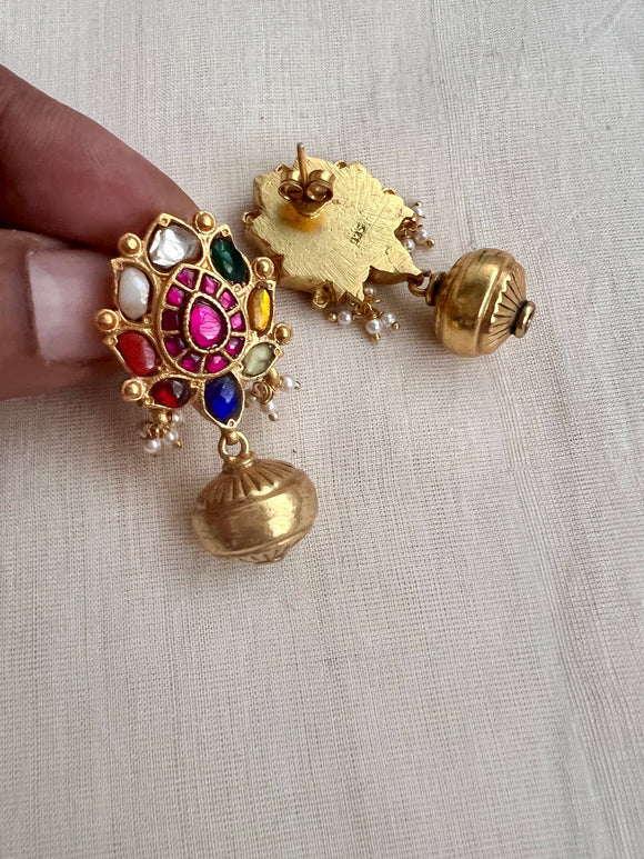 Gold polish navrathan earrings with pearls-Earrings-CI-House of Taamara