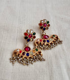 Gold polish navrathan hangings with pearls-Earrings-CI-House of Taamara