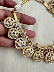 Gold polish navrathan necklace with zircon stones-Silver Neckpiece-CI-House of Taamara