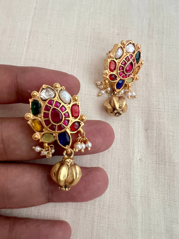 Gold polish navrathan studs with gold bead drop-Earrings-CI-House of Taamara