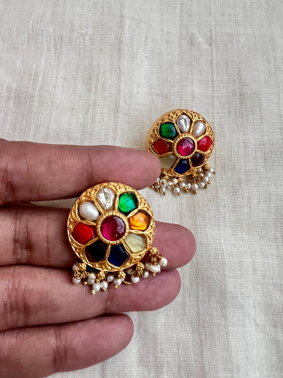 Gold polish navrathan studs with pearls-Earrings-CI-House of Taamara