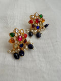 Gold polish navrathan studs with pearls & blue beads-Earrings-CI-House of Taamara