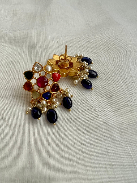 Gold polish navrathan studs with pearls & blue beads-Earrings-CI-House of Taamara