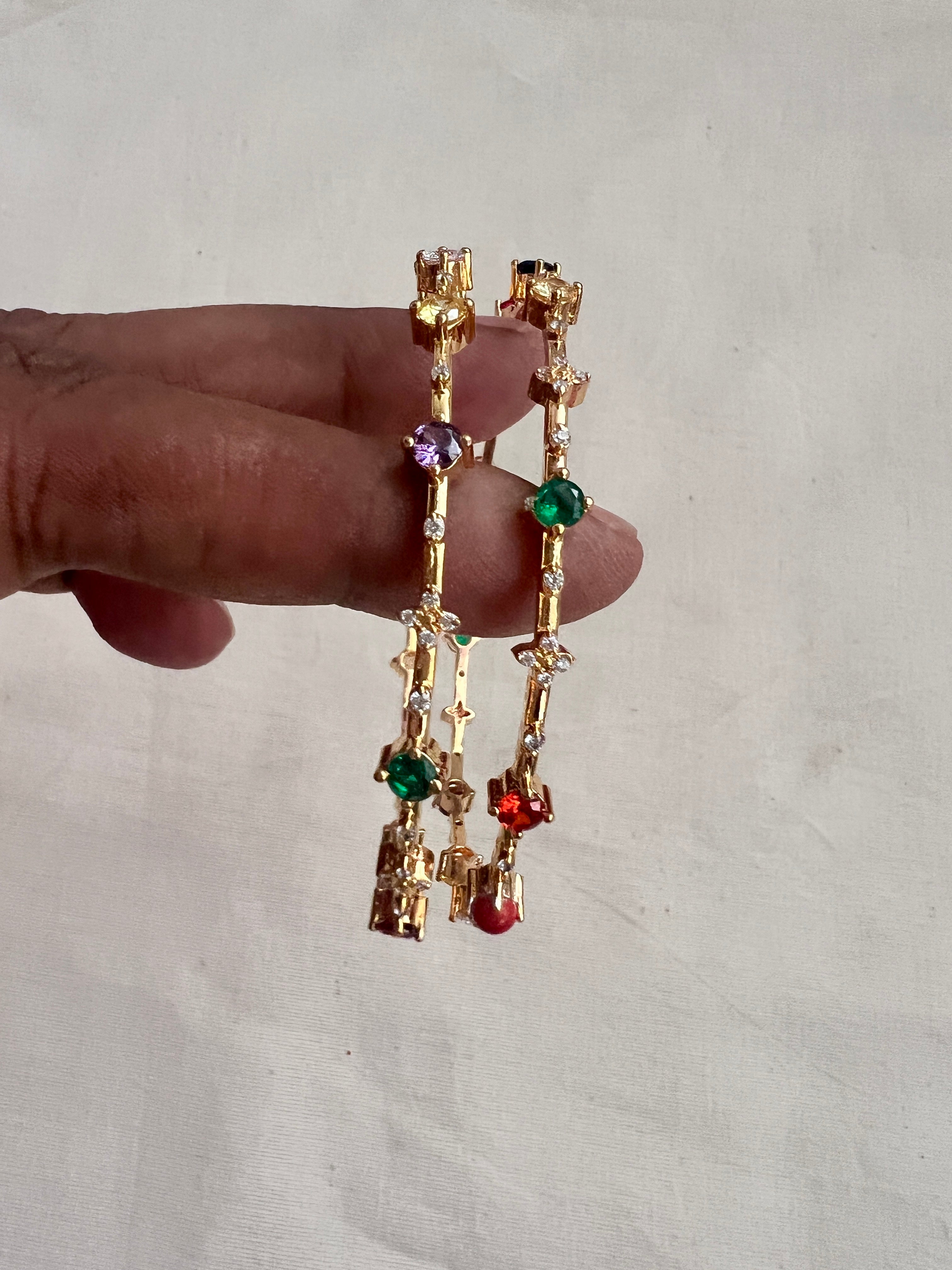 Gold polish navrathana bangles, PAIR, 2.7-Silver Bracelet-CI-House of Taamara