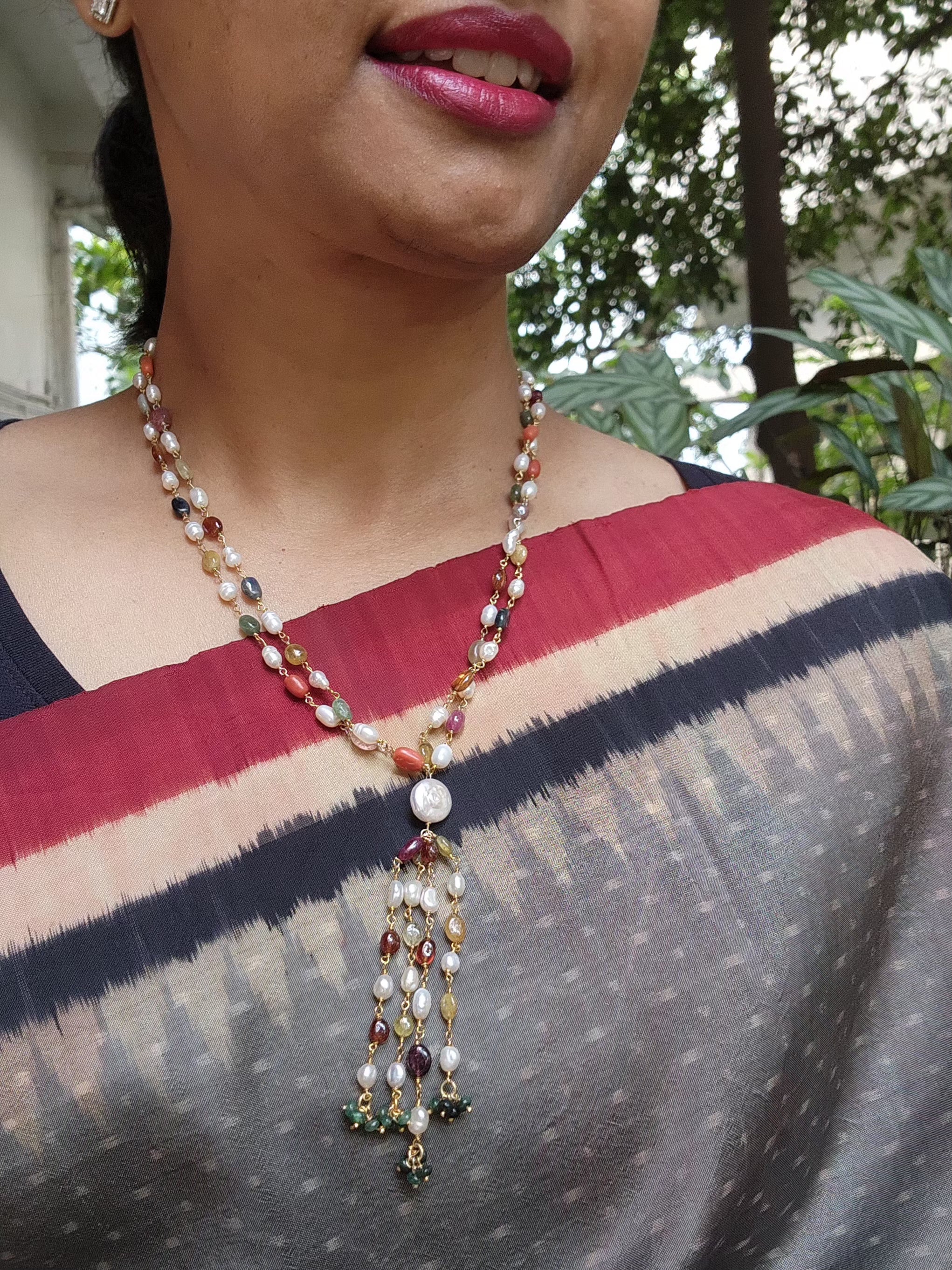 Gold polish navrathana beads chain-Silver Neckpiece-CI-House of Taamara