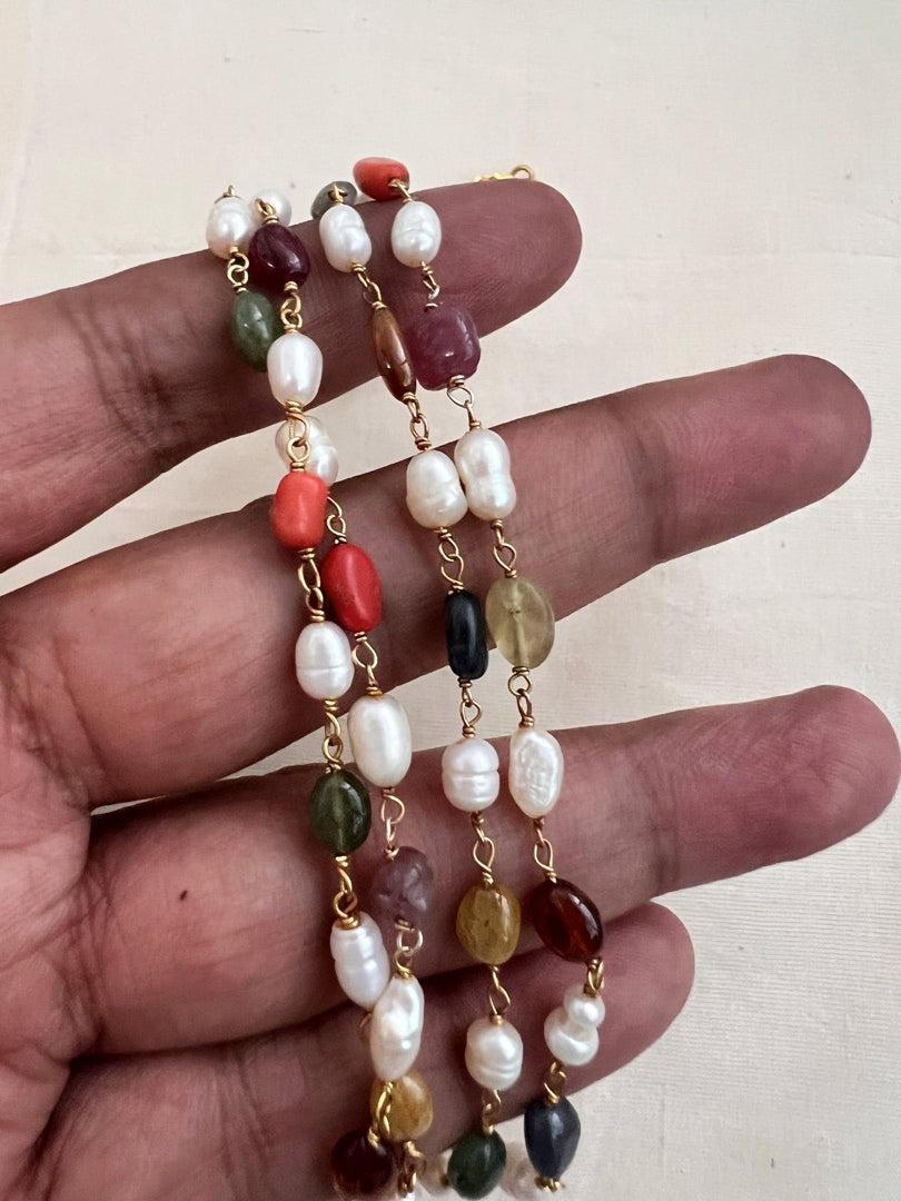 Gold polish navrathana beads chain-Silver Neckpiece-CI-House of Taamara