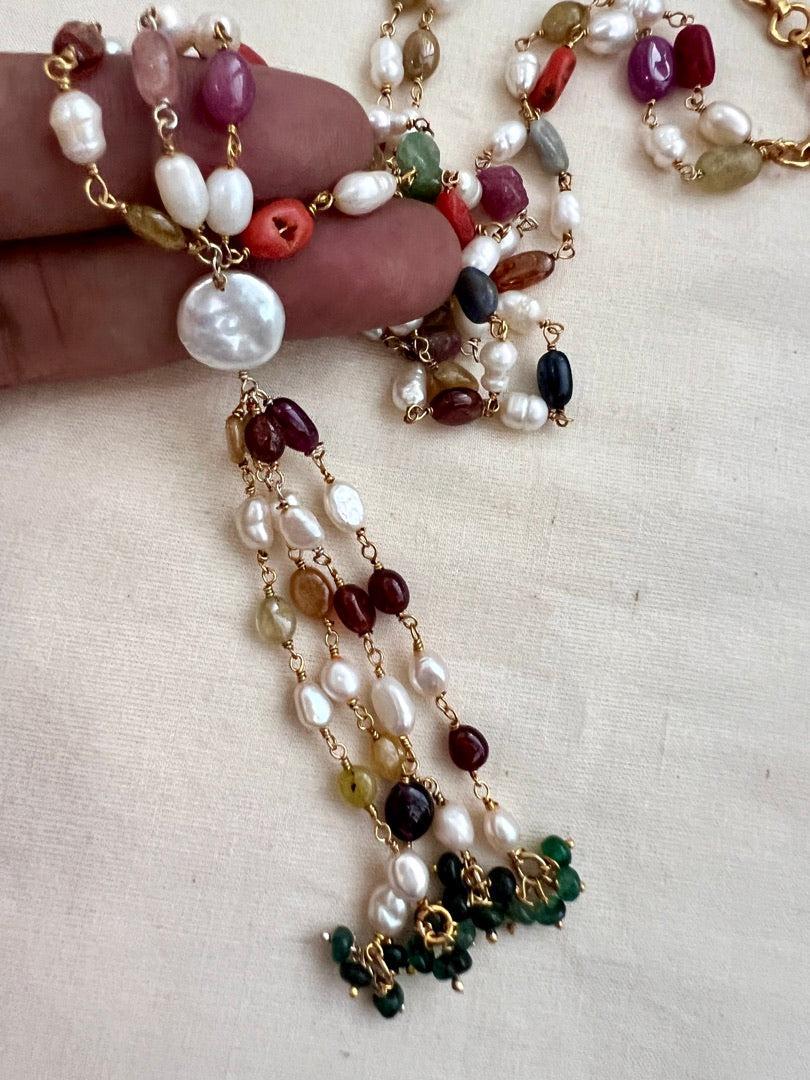 Gold polish navrathana beads chain-Silver Neckpiece-CI-House of Taamara