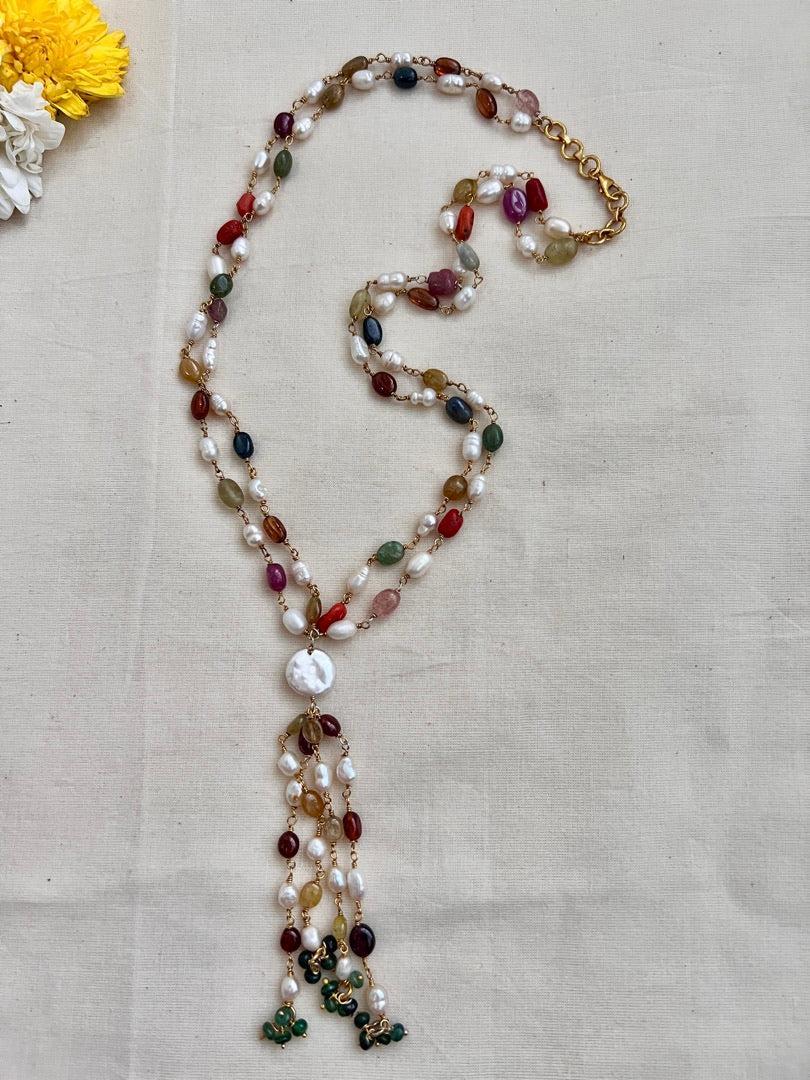 Gold polish navrathana beads chain-Silver Neckpiece-CI-House of Taamara