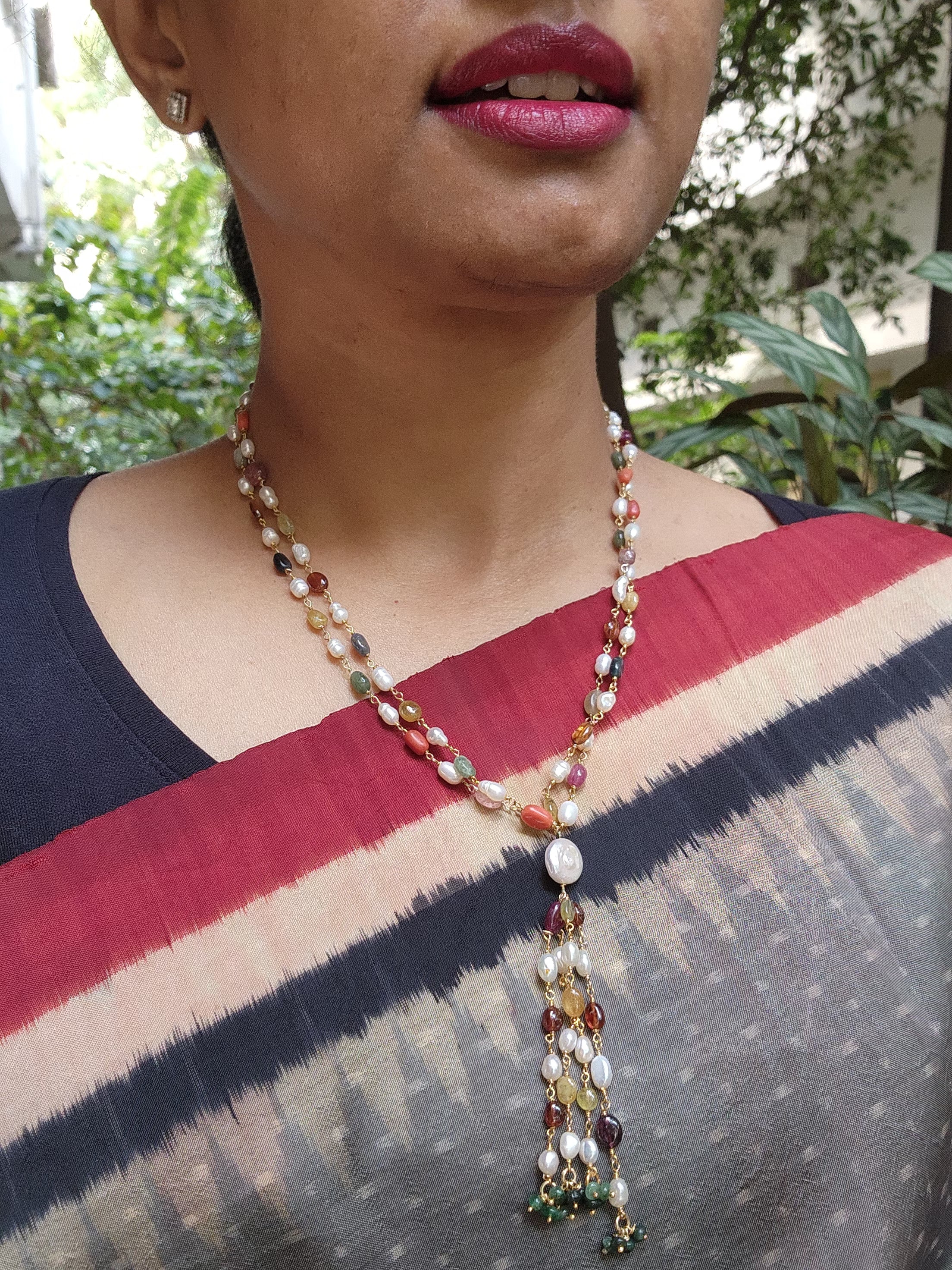 Gold polish navrathana beads chain-Silver Neckpiece-CI-House of Taamara