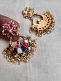 Gold polish navrathana chandbalis with pearls-Earrings-CI-House of Taamara