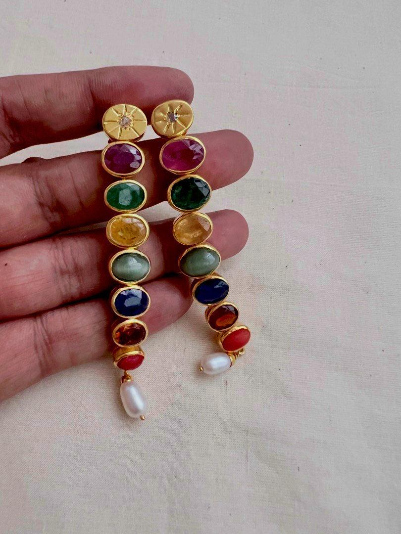 Gold polish navrathana long earrings-Earrings-CI-House of Taamara