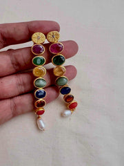 Gold polish navrathana long earrings-Earrings-CI-House of Taamara